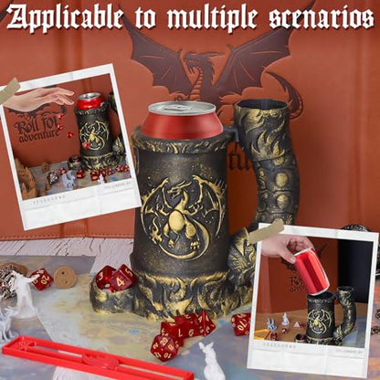 Dice Tower Mug, Dice Rolling Tower, Comes with 7 PCS Dice Set, Suitable for DND Dungeons and Dragons, Tabletop Games, Available As Drink Holder, D&D Gifts, DND Accessories (Gold) - color: Gold