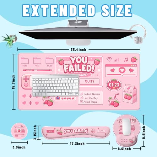 Cute Gamer Desk Mat Set Strawberry Pink Kawaii Aesthetic Mouse Pad with Wrist Rest 4in1 Desk Mat for Desktop Ergonomic Keyboard Wrist Support Anti-Slip Computer Ergonomic Mouse Pad Home Office Gaming - color: Cute Gamer