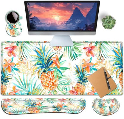 Large Gaming Mouse Pad+ Keyboard Wrist Rest Set, Ergonomics Memory Foam Mouse Mat Wrist Rest Support for Home Office, Waterproof Extended Mousepad 31.5x11.8in, Pineapple Leaf White Desk Pad - color: Yvb-mousepad-9-f-155