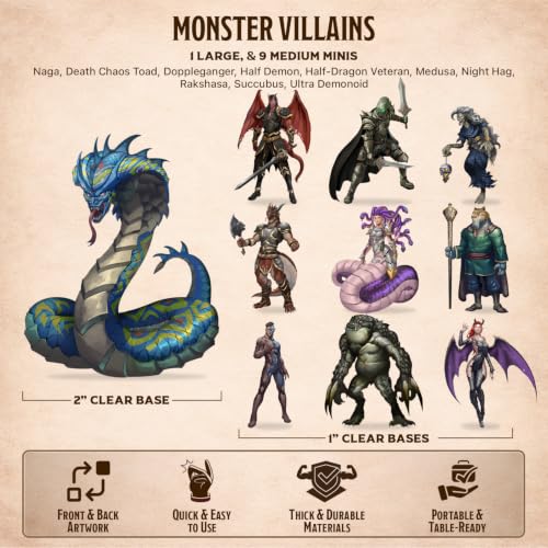 Monster Villains Miniatures Set, 10 Flat Minis with Bases for Tabletop RPG, 2D Fantasy Monster & Villain NPC Minis, D&D Compatible, 2D Pathfinder & 5e Miniatures for TTRPG