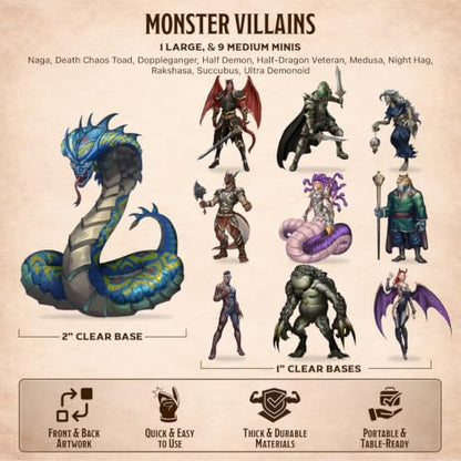 Monster Villains Miniatures Set, 10 Flat Minis with Bases for Tabletop RPG, 2D Fantasy Monster & Villain NPC Minis, D&D Compatible, 2D Pathfinder & 5e Miniatures for TTRPG
