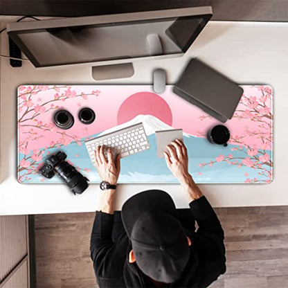 Aesthetic Japanese Cherry Blossom Desk Mat Cute Pastel Blue Color XL Sakura Gaming Mouse Pad Anime Mousepad for Women Desk Office Girl Gamer Cherry Blossoms Mouse Pads Fun Desktop Mat 31.5x11.8 in - color: Powder Blue Cherry Blossoms