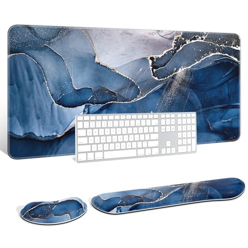 Auhoahsil Large Mouse Pad with Wrist Rests for Keyboard & Mouse, Thick Soft Ergonomic Memory Foam Wrist Supports, Big & Long Desk Mat 35.5 x 15.7 in, for Office Gaming Computer, Ink Navy Marble - color: Ink Navy Marble