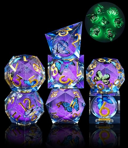 AUSTOR Liquid Core Butterfly Resin Glow in The Dark Dice Set, 7-Die Sharp Edge Polyhedral Dice for Dungeons and Dragons RPG, MTG, Table Games - color: Butterfly - Blue & Violet