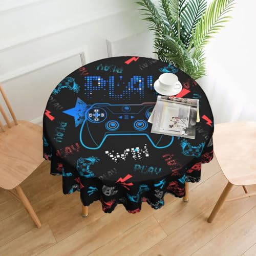 Gamer Tablecloth, Kids Themed Game Controller Colorful Gamer Water Resisitant Wipeable Table Cover for Kids Teens Bedroom Dining Kitchen Living Room Home Party Holiday Decor 36 inch Round - color: Tc-game02, size: 36" (Round)