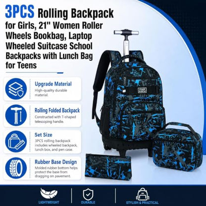 3Pcs Rolling Backpack for Boys Men, Travel Roller Backpacks with Wheels for Adults, Teens College Graffiti Wheeled Bookbag with Lunch Box(Blue) - color: Airbrush Blue