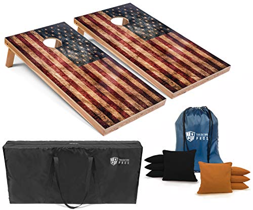 Tailgating Pros Rustic American Flag Cornhole Boards w/Bean Bags - 4'x2' Distressed Flag Cornhole Game w/Multicolored LED Ring, Carrying Case & Corn Hole Bags - color: Black / Gold