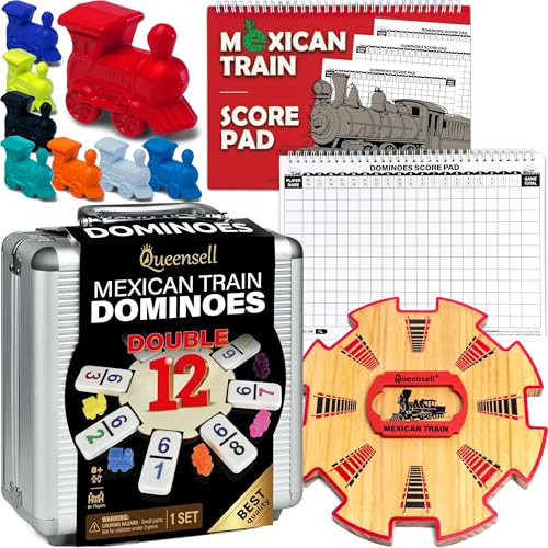 Dominoes Double 12 with Numbers + Wooden Hub + Score Pad + Metal Trains
