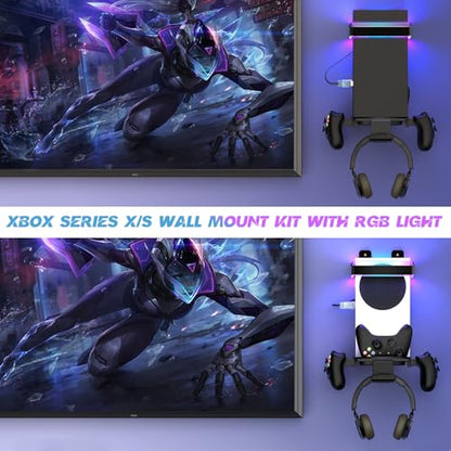 Wall Mount for Xbox Series X/S-Wall Mount Kit with 2 Controller Holder | Xbox series X/S Wall Mounted Bracket with1 Headset Stand & RGB Light, Safely Organize Your Xbox X/S Series Accessories - color: Grey
