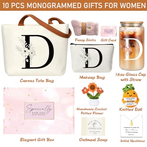 DHQH Birthday Gifts for Women, Monogrammed Gifts Box Included 16 oz Initial Glass Drinking Cup,Canvas Tote Bag, Personalized Iced Coffee Tumbler Gift for Women Her Mom Teacher Friends Sister, D - color: letter-cup-d