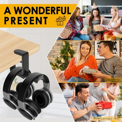 2 Pack Dual Headphone Hanger for Desk | Under Desk Hook, 360° Rotating, Clamp Mount, No Drill, Cable Clip