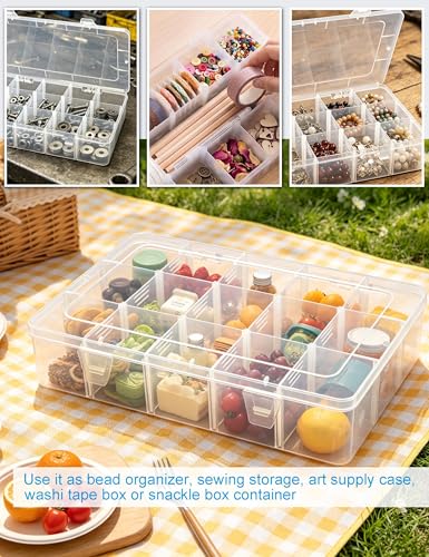 Hlotmeky Plastic Organizer Box with Dividers Bead Organizer 15 Large Grids Tackle box Organizer Clear Snackle Box Container