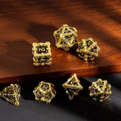Metal Skull Dice Set with Skull Bag,7PCS Polyhedral Metal Dice Set for DND Role Playing Games(Gold Black) - color: Skull Gold Black