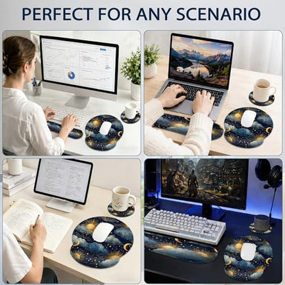 Starry Night Keyboard Wrist Rest Pad Ergonomic Mouse Pad Set,Sun Moon 3 in 1 Memory Foam Mouse Pad with Non Slip Base for Office and Home - color: Starry Night Sun Moon