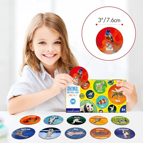 Hebayy Realistic Animal Matching Game, 50 PCS Round Animal Memory Matching Cards for Toddlers 25 Pairs Real Animal Memory Cards Educational Toys for Preschool Boys & Girls 4 5 6 Years Old - style: Real Animals-C（Round 3 inch）