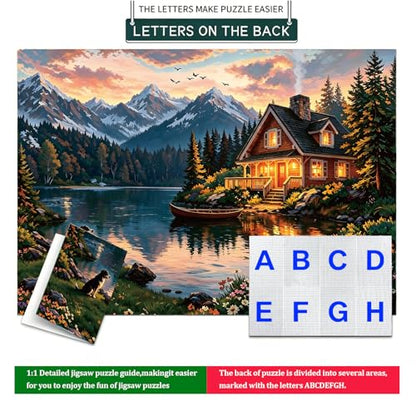 1000 Piece Puzzle for Adults, 20 x 27 inches Jigsaw Puzzles - Lake | Tight Piece Fit, 1:1 Reference Poster, Lettered Back, Minimal Puzzle Dust, Vibrant Colors, 2mm Extra-Thick Pieces - color: 1000 Pieces-mountain Lake Cabin