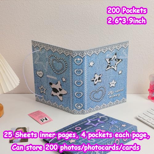 Kpop Photocard Binder with 6 Stickers Sheet & 50 Shinning Protective Sleeves Kpop Photocard Holder Book with Kpop Photocard, A5 Binder Photocard Album 30 Inner Pages with 240 Pockets (Jeans) - color: Jeans