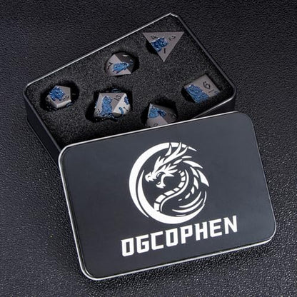 Metal DND Cat Dice 7PCS Polyhedral RPG Dice Set with Gift Case for Dungeons Dragons Role Playing Game, D and D Dice D6 D8 D10 D12 D20 D% (Grey Blue) - color: Cat-grey Blue