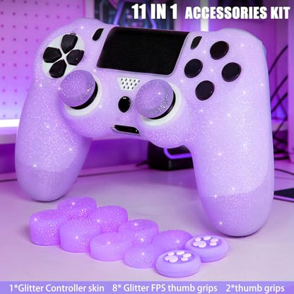 Purple Glitter Anti-Slip Protective Silicone Cover Skin Compatible with PS4/Slim/Pro Controller,8 PCS Glitter Thumb Grips Caps and 2 Grips Caps. - color: Glitter Purple