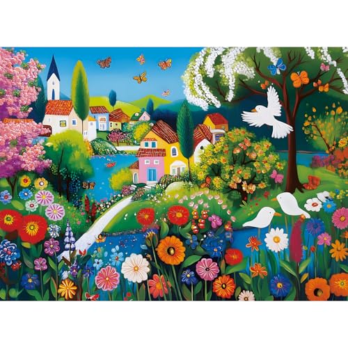 300 Pieces Puzzles for Adults, Large Piece Charming Village Jigsaw Puzzles,Colorful Village with Flowers,Birds Lake Puzzle for Kids Kids Ages 8-10 8-12 10-12,Puzzles for Family Game Nights,20.5x15 in - style: Flowers Village