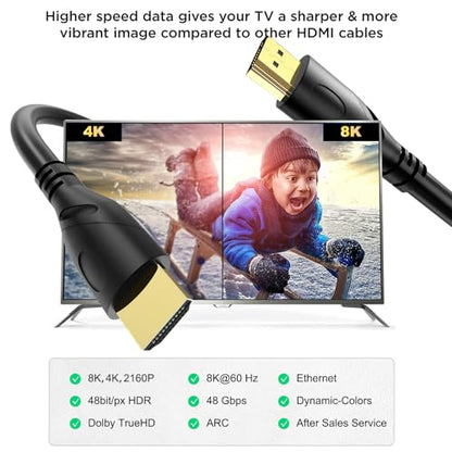 8K HDMI Cable 6ft, 48Gbps Ultra High Speed HDMI 2.1 Cord,Gold Plated Connectors, Supports 8K@60Hz & 4K@120Hz,eARC, HDR, 3D,Compatible with PS5, Xbox Series X/S, Soundbar, 4K TV, Blu-Ray Player - size: 6.6FT