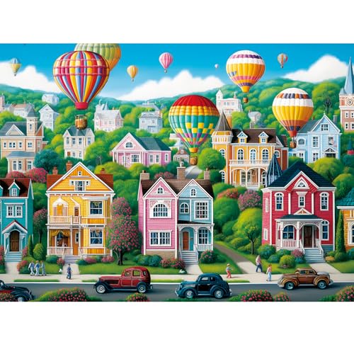 300 Piece Puzzles for Adults,Happy Town Puzzle for Adults Children Elderly,Colorful Hot Air Balloon Jigsaw Puzzle,Interlock Perfectly Letter on Back No Dust,Family Activity Game Nights Gift,20.5x15 in - color: Air Bar