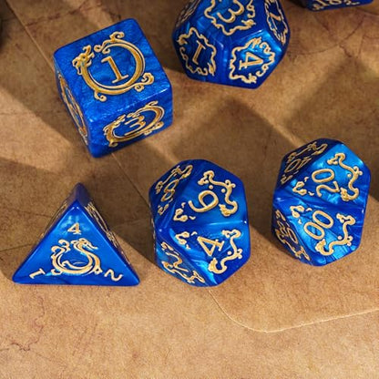 7-Die DND Dice Set Dragon Pattern Polyhedral Die with Leather Bag D&D Dice Set for RPG Table Games (Blue W/Gold Dragon Pattern) - color: Blue W/Gold Dragon Pattern
