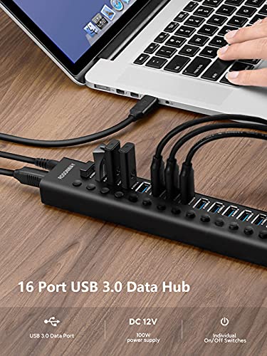 16-Port 96W Powered USB 3.0 Data Hub, Aluminum Housing, RSH-A16 | USB 3.0 Splitter with 12V/8A Power Adapter, Individual On/Off Switches and 3.3Ft USB 3.0 Cable - size: 16-Port Powered USB Hub