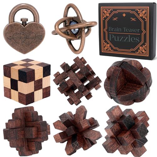 8 Pcs Brain Teaser Puzzles for Adults Teens - Metal Puzzles 3D Puzzle Game Toys for Adults Teens - Wooden Unlock Interlocking Puzzle Adult IQ Education Smart Toys - color: Style F