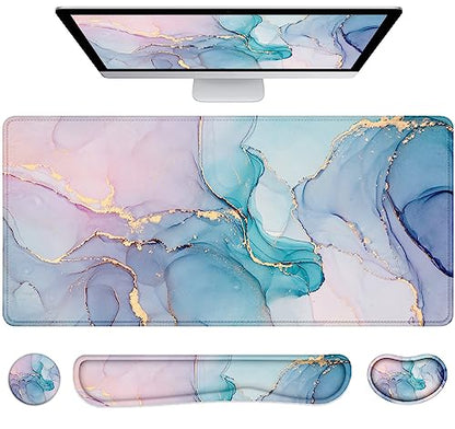 Large Mouse Pad with Wrist Rest, 4-in-1 Wrist Rest for Keyboard and Mouse | Non-Slip Waterproof Desk Mat Set, 35.4"x15.7" Desk Mat+Keyboard Wrist Rest+Mouse Wrist Support+Cup Coaster for Home Office - color: Green Marble-35.4''x15.7''