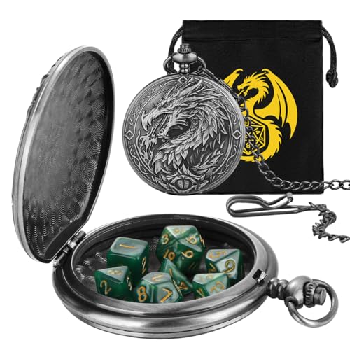 Mini DND Dice Set, 7-Piece Polyhedral Acrylic D&D Dice, with Steampunk Dragon Large Pocket Watch Case, DND Gift Bag with Dragon Logo, Role Play Board Game Accessories, Dark Silver + Green - color: Silver + Green