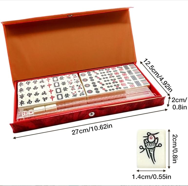 Portable Chinese Mahjong Set with 144 Mini Tiles, Travel Mahjong Game Set with 4 Clear Racks, 2 Dice & Spare Tiles, Compact Mahjong Board Game for Family, Outdoor Travel Gift (Ivory)