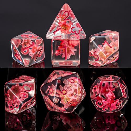 Flower Resin D&D Dice Set, 7pcs Polyhedral Dice for Dungeons and Dragons, RPG, MTG, Role Playing Games (D4, D6, D8, D10, D12, D20, D%) - color: Pink Flowers