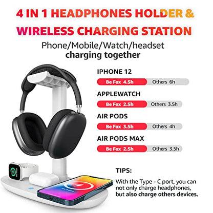 4 in 1 Wireless Charger with Headphone Stand for iPhone 17 16 15 14 13 12 Pro Max, Apple Watch 11 10 Ultra SE, AirPods Max 4 & Samsung S25-15W Gaming Desk Organizer (Adapter Not Included)(White)