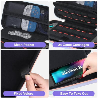 Canboc Carrying Case Compatible with Nintendo Switch 2 (2025), Hard Shell Switch 2 Console Bag with 24 Game Card Slots, Mesh Pocket fit Accessories, Purple Gradient Blue (Case Only) - color: Purple Gradient Blue
