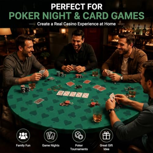 Mixweer Round Poker Table Cover, Fitted Felt Card Table Cover with Elastic Fits 36-48 Inch Round Tables, Casino Style Green Tablecloth for Poker, Blackjack, Bridge, Mahjong, Domino Game Nights