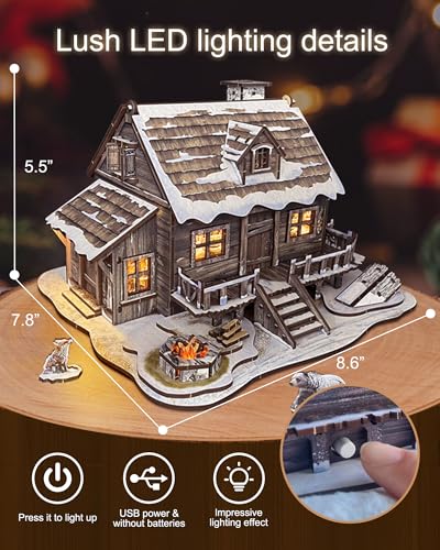 LED 3D Wooden Puzzle Winter Cabin DIY Miniature Building Kit with LED Lights - 3D Craft Rural Wooden Cabin Models Decor Gift for Adult