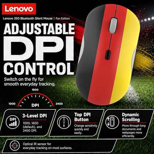 Lenovo 350 Bluetooth Silent Mouse (Fan Edition), Wireless Ergonomic Ambidextrous Design, Bluetooth 5.3, Adjustable DPI up to 2400, 36 Month Battery Life, Recycled Materials, German Flag - color: Germany Flag