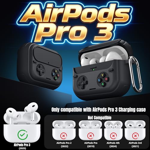 Getino Retro Game Case for AirPods Pro 3 | Game Console Design Protective Cover with Foldable Stand, Secure Lock Anti-Drop Shockproof PC+TPU Case, Keychain & Cleaning Kit for Men & Boys, Black - color: Black
