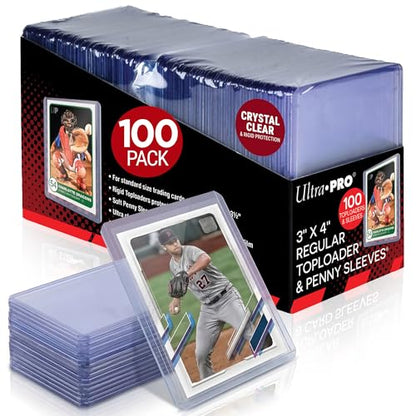 Ultra Pro Toploaders and Card Sleeves Bundle – 3" x 4" Clear Regular Toploaders & Soft Penny Sleeves for Standard Size Cards – Hard Plastic Card Protectors for Collectible Trading Cards – 100 Pack