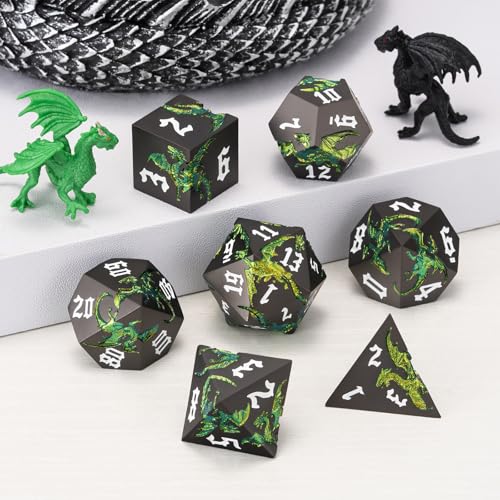Dungeons and Dragons Dice DND Metallic Dragon Dice Set Sharp Edged Dice Set with Box, Polyhedral D&D Role Playing Game D&D Dice Set D20 D12 D10 D8 D6 D4 - color: Dragon-pearl Gun Sparkling Green