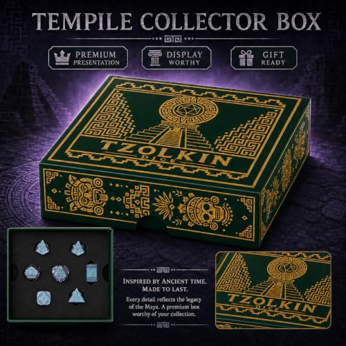 Tzolkin Metal DND Dice Set, 7-Piece Polyhedral Dice | Solid zinc alloy dice with heavy feel, Mayan Aztec calendar details, readable numbers, and temple collector box for RPG play - color: Blue