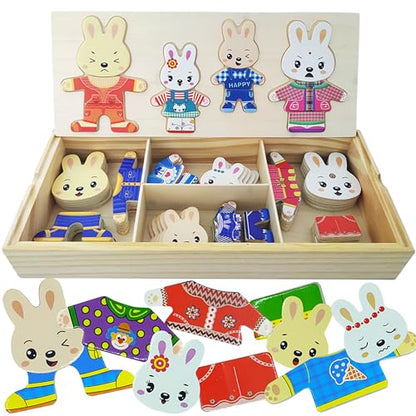 Wooden Bunny Family Dress-up Puzzle Box for Toddlers(72pcs),Change Clothes Puzzle Games, Preschool Learning Activities Toys for Kids Ages 3+ - color: Bunny