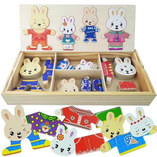Wooden Bunny Family Dress-up Puzzle Box for Toddlers(72pcs),Change Clothes Puzzle Games, Preschool Learning Activities Toys for Kids Ages 3+ - color: Bunny