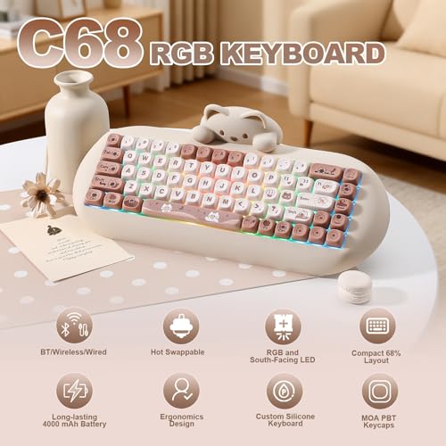 YUNZII C68 Wireless Mechanical Keyboard,65% Layout,Hot Swap,Triple Mode BT5.0/2.4G/Wired, RGB Backlit NKRO,Cute Cat Silicone Ergonomic Design for Win/Mac (Brown, Milk Switch) | Wireless Triple Mode BT5.0/2.4G/Wired, RGB Backlit NKRO, Cute Cat Silicone Erg