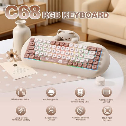 YUNZII C68 Wireless Mechanical Keyboard,65% Layout,Hot Swap,Triple Mode BT5.0/2.4G/Wired, RGB Backlit NKRO,Cute Cat Silicone Ergonomic Design for Win/Mac (Brown, Milk Switch) | Wireless Triple Mode BT5.0/2.4G/Wired, RGB Backlit NKRO, Cute Cat Silicone Erg
