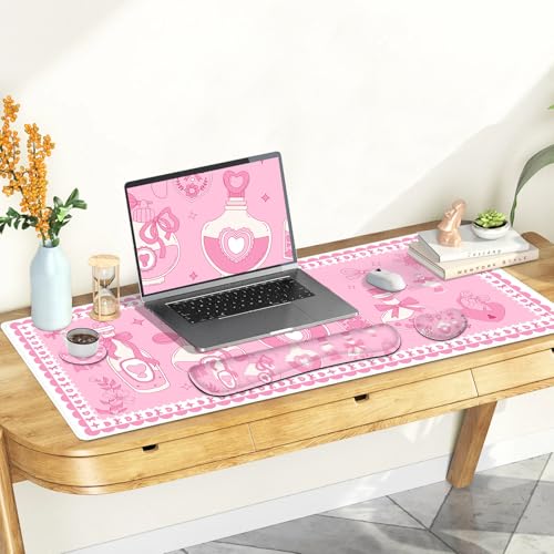 Desk Mat Pad, Gaming Mouse Pad Wrist Support Set, 4 in1 Non-Slip XXL Large Mousepad + Ergonomic Keyboard Wrist Rest+Mouse Wrist Rest+Coaster for Home Office Computer I Pink Kawaii Bow Bottle - color: Pink Kawaii Bow Bottle