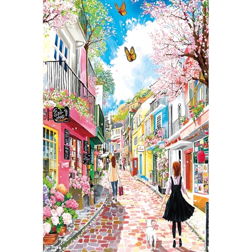 Spring Cherry Blossom Street 500 Piece Jigsaw Puzzles for Adults Colorful European Scene Pink Town Jigsaw Puzzles with Letters on Back for Perfect Family Challenge Game Nights (23"X15") - color: Spring Cherry Blossom