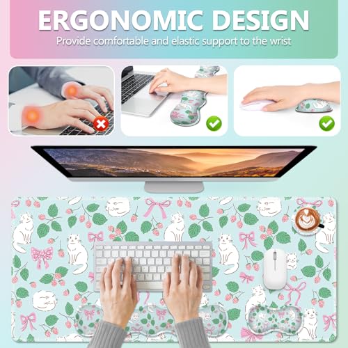 AIMSA Keyboard Wrist Rest Large Mouse Pad Wrist Support Combo, Bows and Kittens Keyboard Pad Desk Mat, Ergonomic Wrist Rest Cushion Pad for Home Office Gaming - color: Bows and Kittens