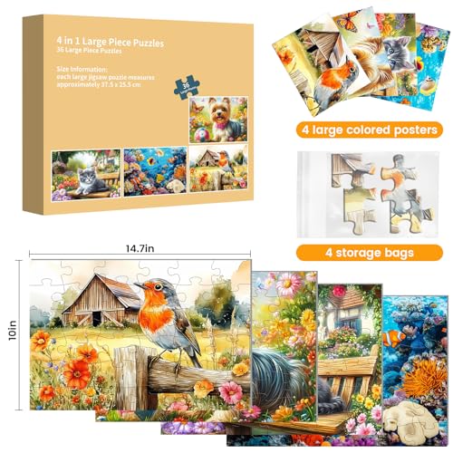 4 Pack 36 Large Piece Puzzles for Seniors Dementia Alzheimer's Puzzle | Dog Cat Bird Fish Easy Jigsaw Puzzle for Seniors Memory Games Gift for Elderly Adult with 4 Storage Bags - style: 4Pack 36 Large Pieces-2